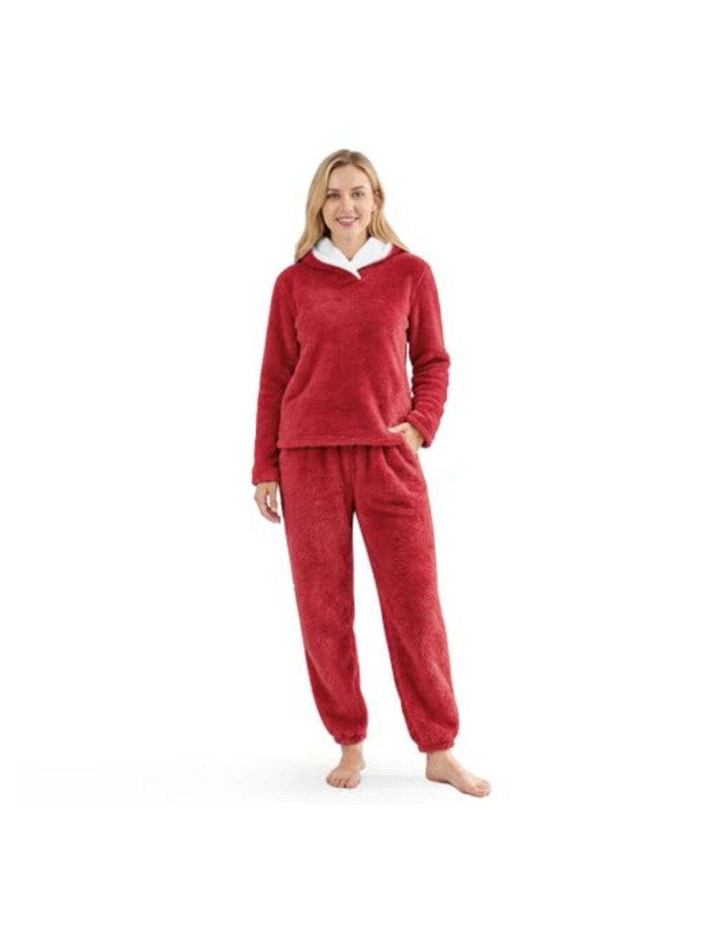 Womens Fluffy Fleece Pajama Set V-Neck Top Pants Cozy Warm Winter Loungewear
